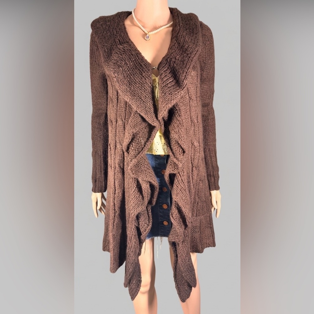 Vtg. Allison Britney Brown Ruffle Knit Cardigan Sz S Y2K Grunge Fairy Sweater
